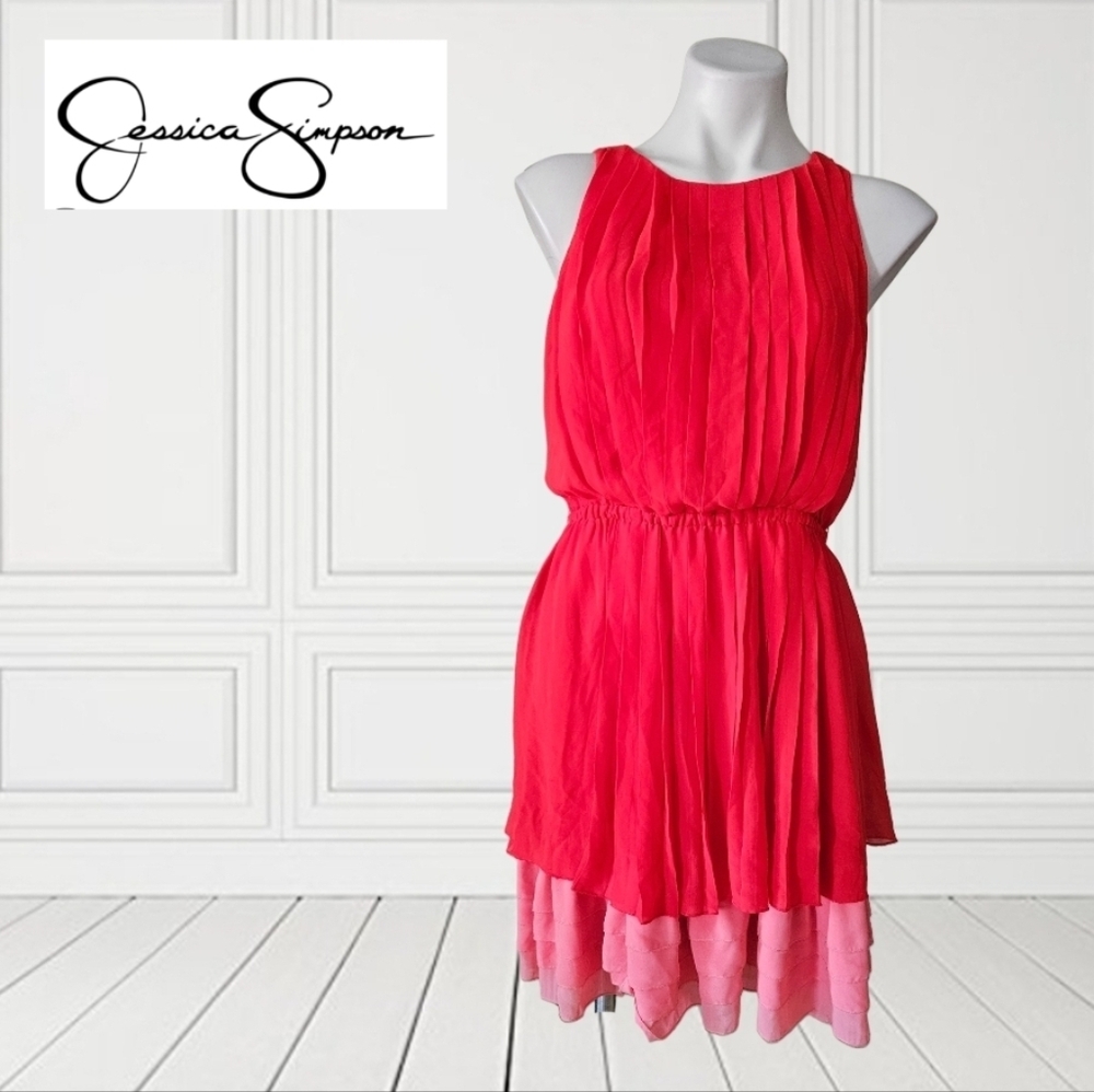 Jessica Simpson Red Orange Knife Pleated Sleeveless Cocktail Dress Medium